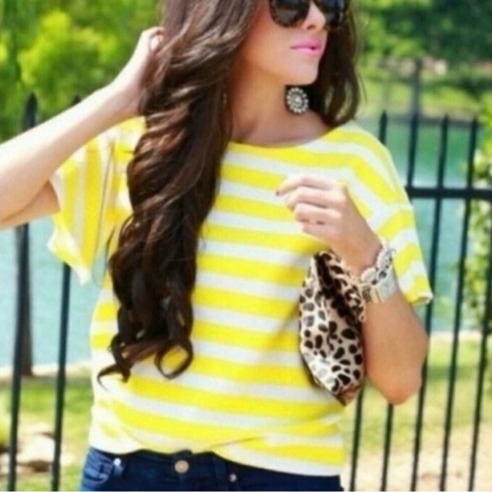 Anthropologie Postmark Striped Top Yellow White Textured Flutter Sleeve Blouse S